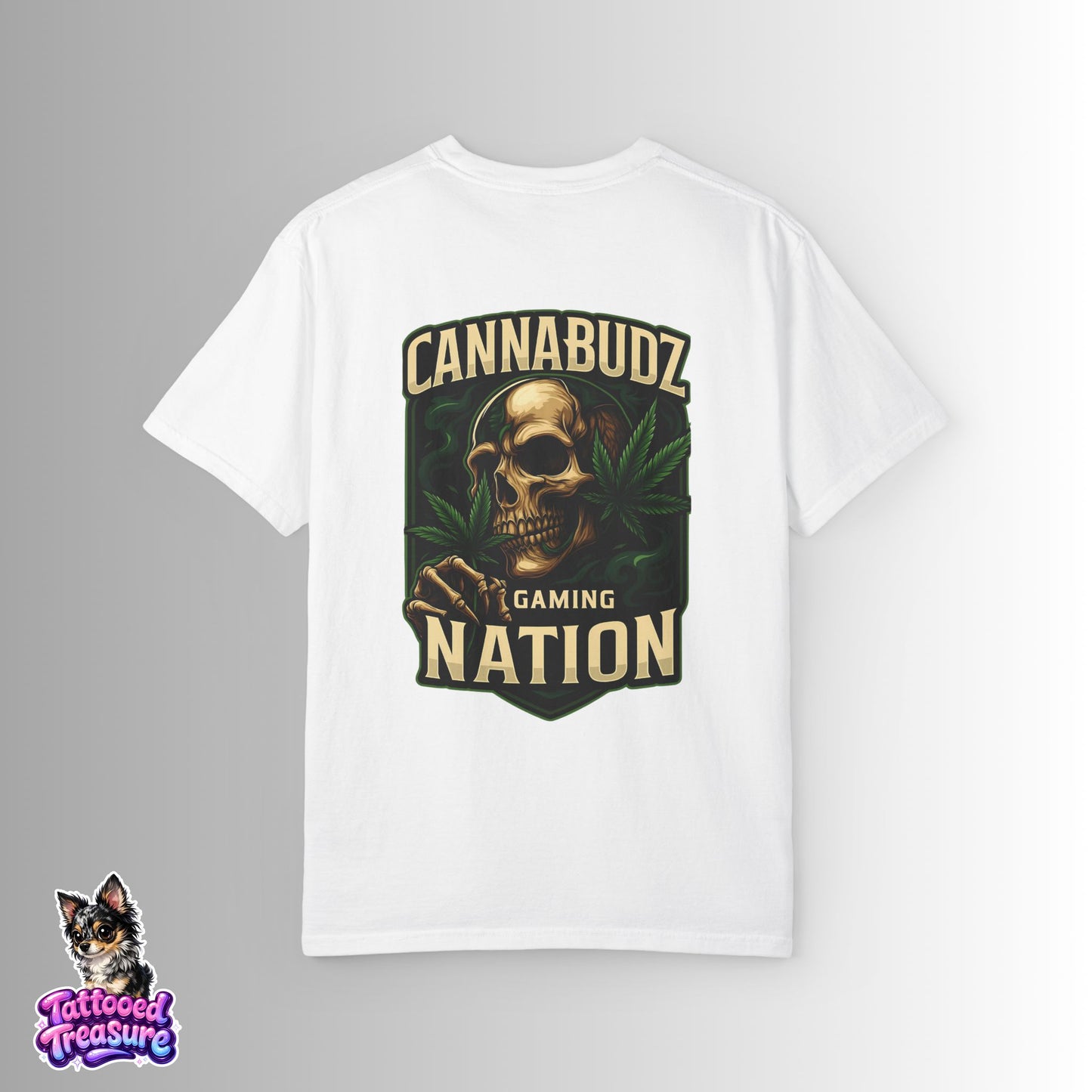 Cannabudz Nation T-Shirt Back— Skull & Cannabis Gaming Tee
