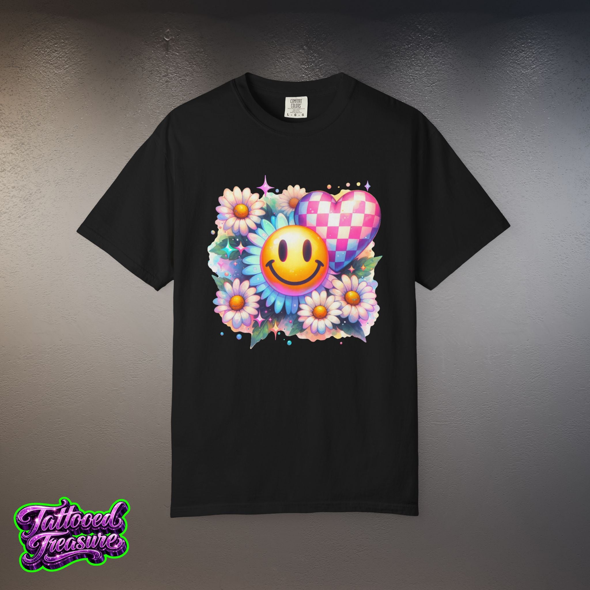 Happy Heart Smiley T-Shirt — Floral Checkerboard Graphic Tee