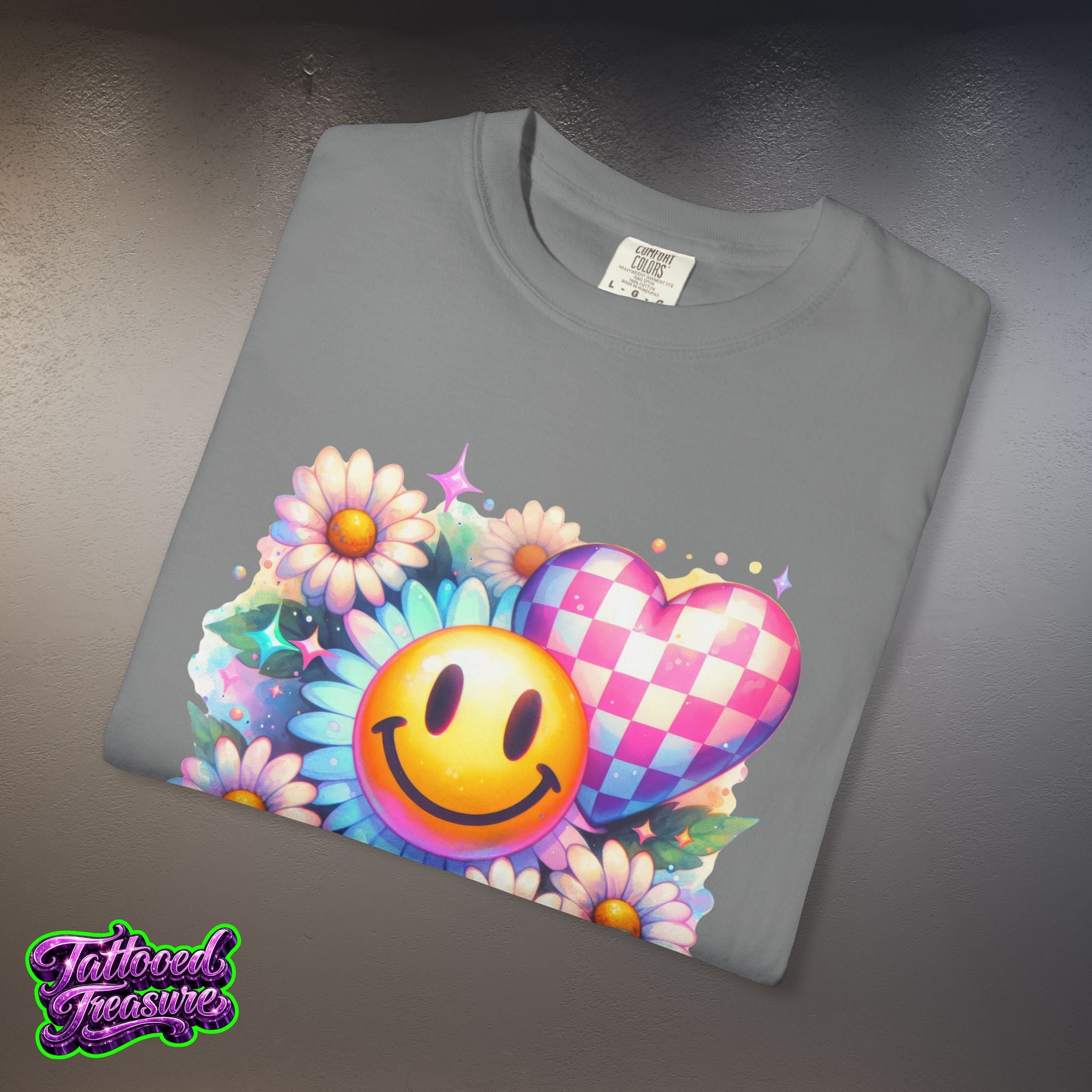 Happy Heart Smiley T-Shirt — Floral Checkerboard Graphic Tee