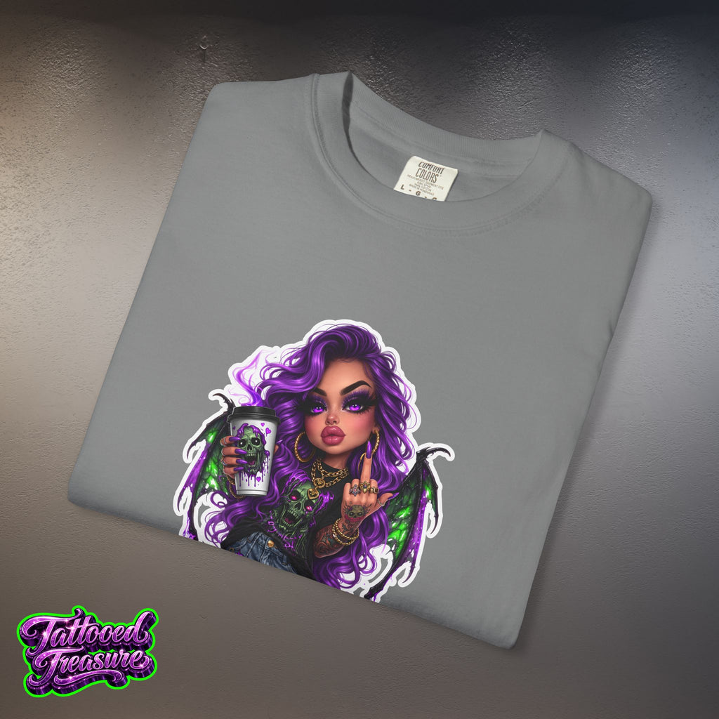 Demon Girl Streetwear T-Shirt — Purple Winged Tattooed Character Graphic