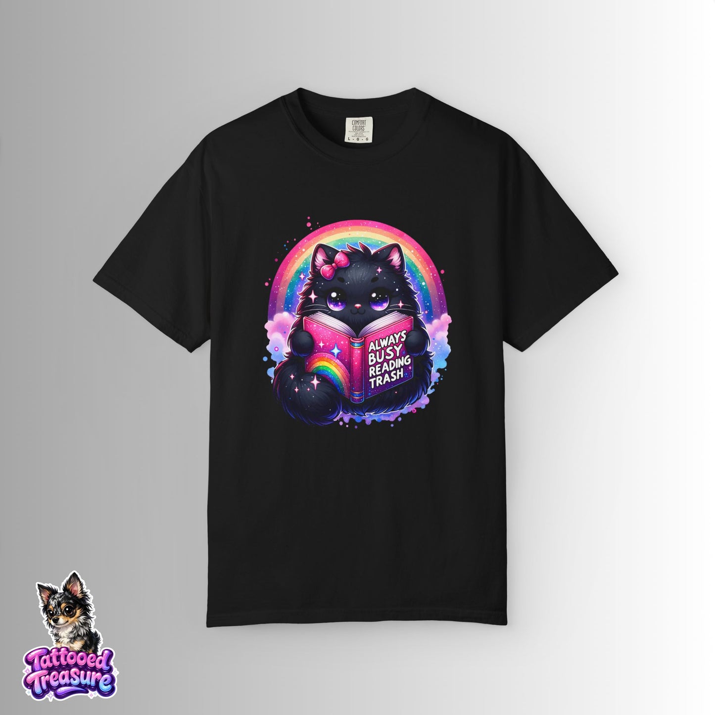 Cat Reading T-Shirt — "Always Busy Reading Trash" Cute Black Cat Rainbow Tee