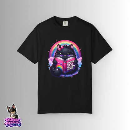 Cat Reading T-Shirt — "Always Busy Reading Trash" Cute Black Cat Rainbow Tee