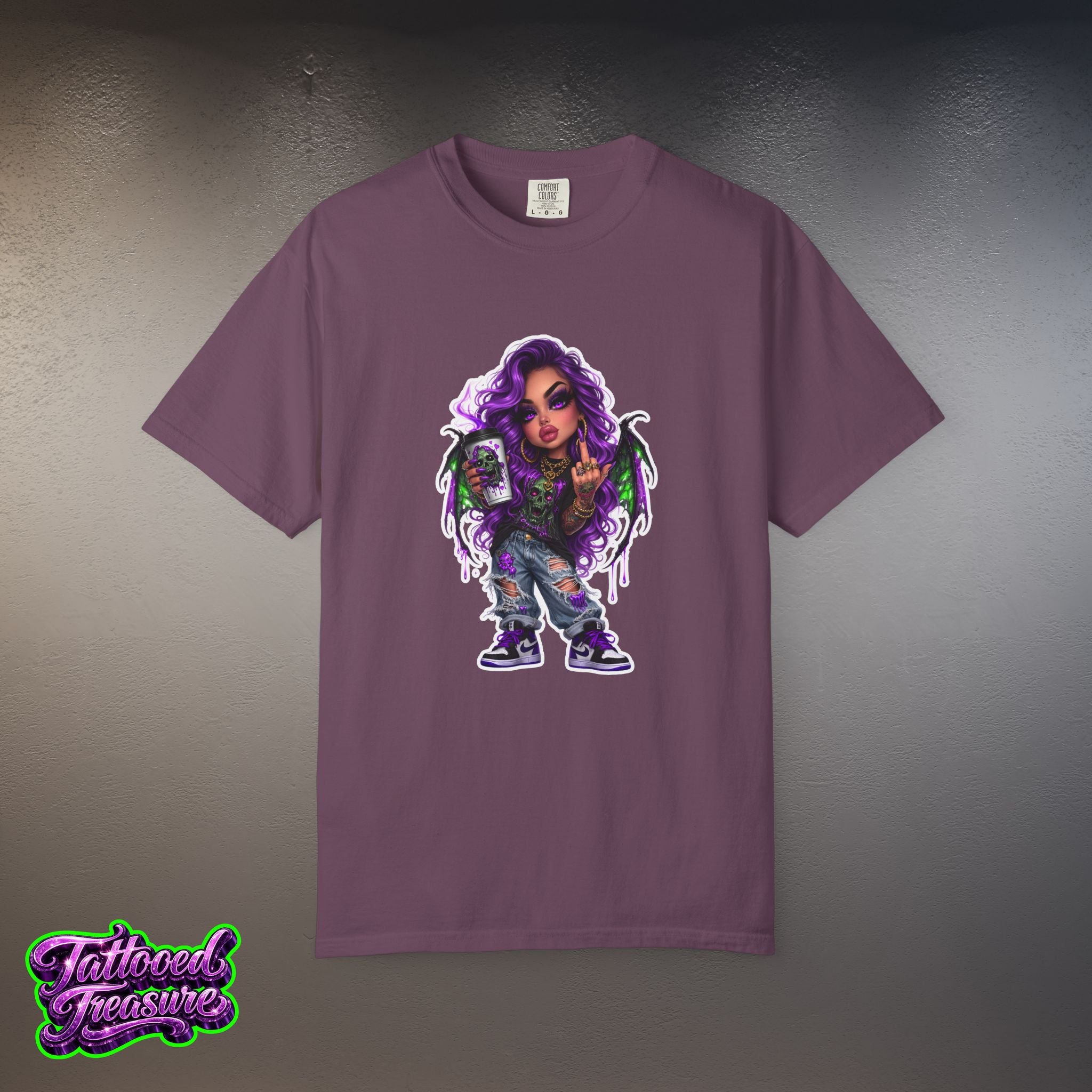 Demon Girl Streetwear T-Shirt — Purple Winged Tattooed Character Graphic