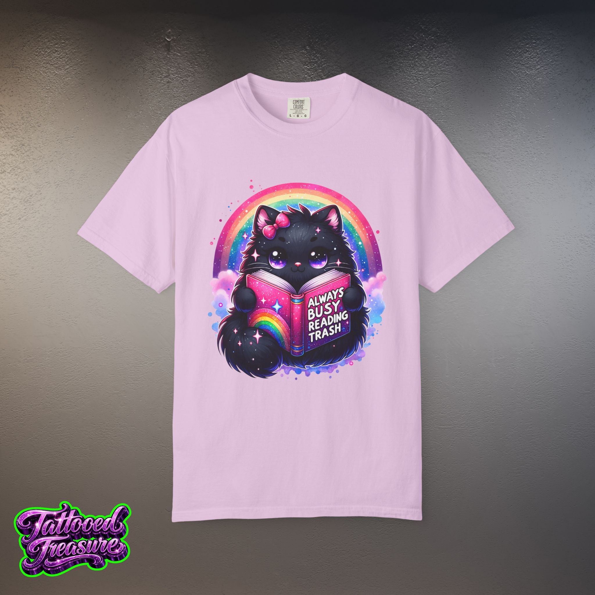 Cat Reading T-Shirt — "Always Busy Reading Trash" Cute Black Cat Rainbow Tee