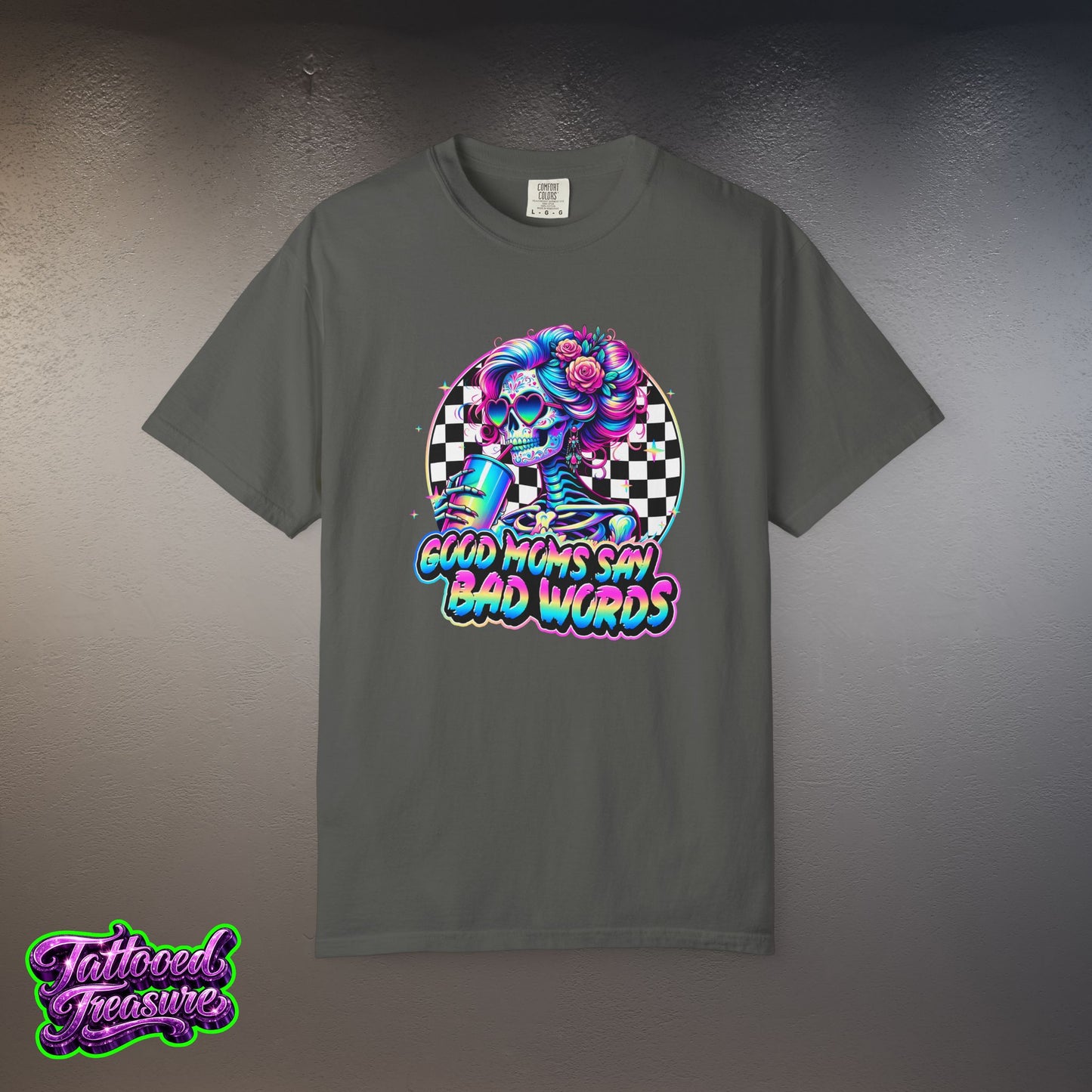 Bad Words Skull Tee — “Good Moms Say Bad Words” Retro Checkerboard T-Shirt