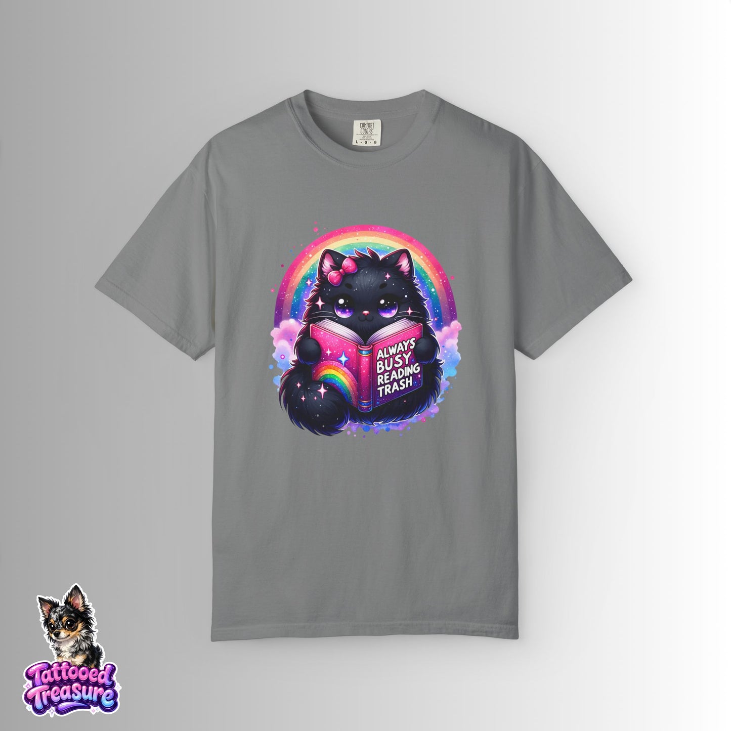 Cat Reading T-Shirt — "Always Busy Reading Trash" Cute Black Cat Rainbow Tee