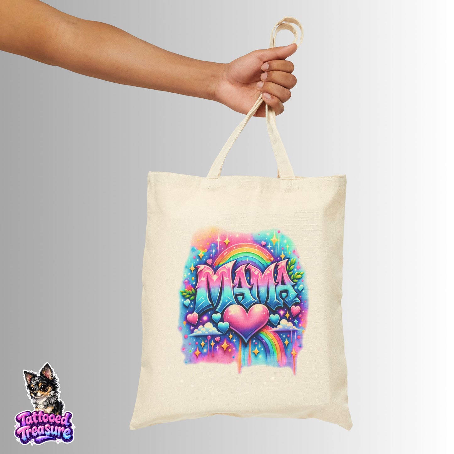 Mama Rainbow Heart Tote — Colorful Mama Canvas Tote Bag for Mother’s Day