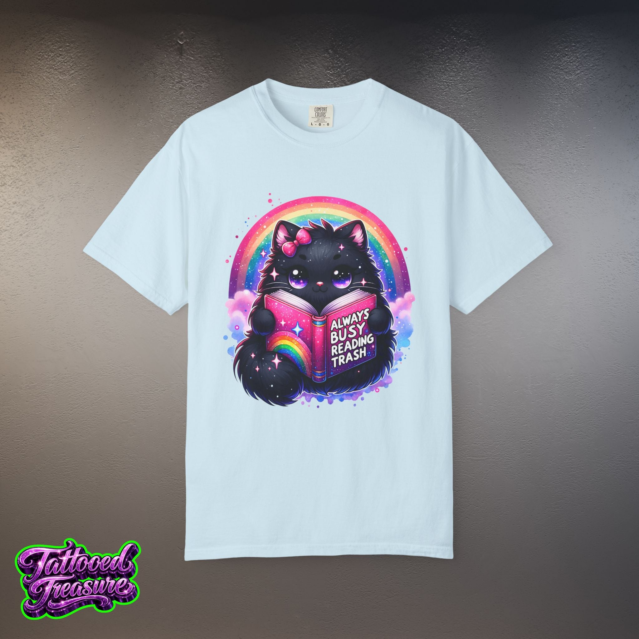 Cat Reading T-Shirt — "Always Busy Reading Trash" Cute Black Cat Rainbow Tee