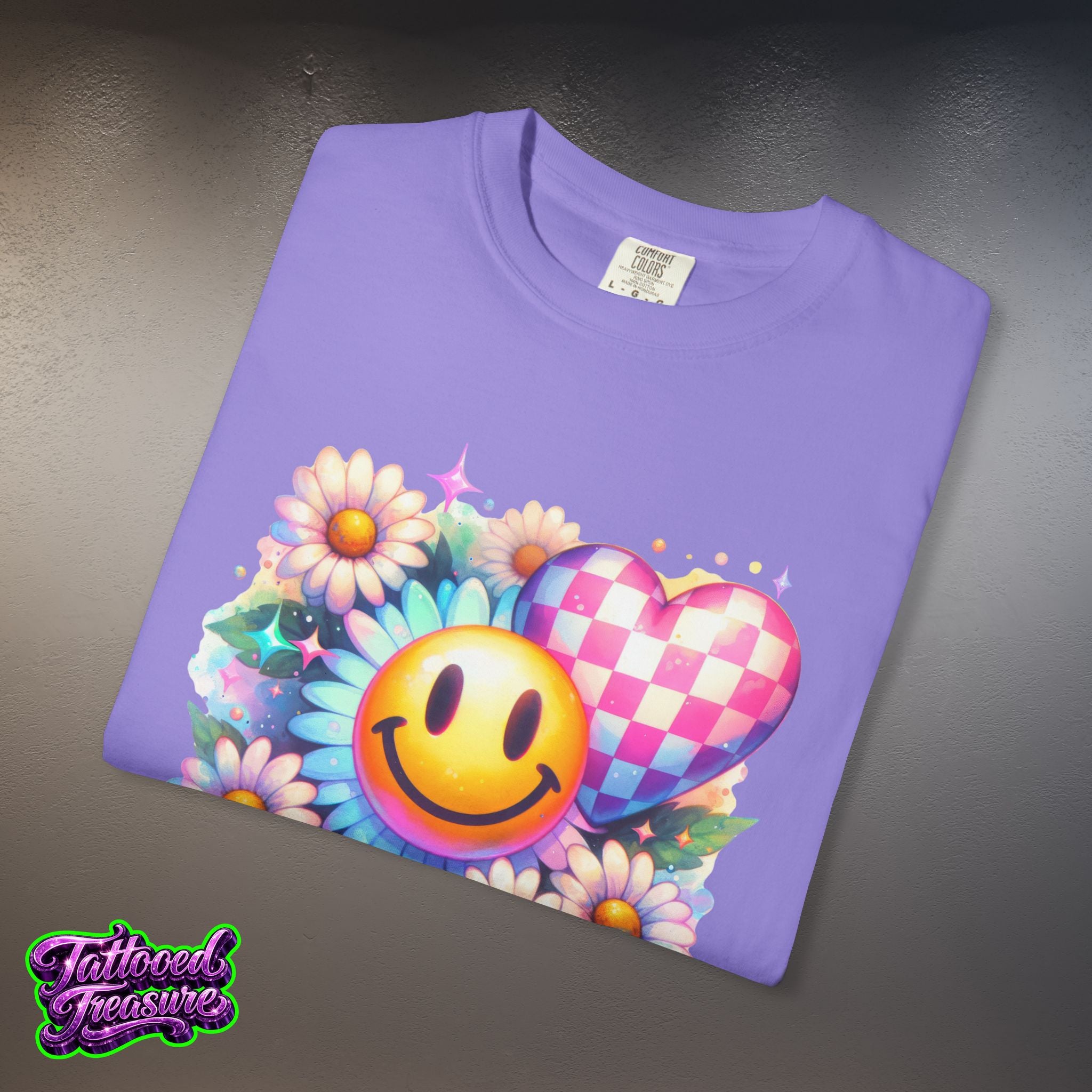 Happy Heart Smiley T-Shirt — Floral Checkerboard Graphic Tee
