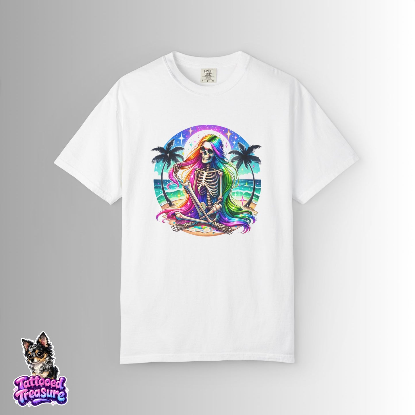 Rainbow Skeleton Beach T-Shirt — Neon Day of the Dead Surf Tee