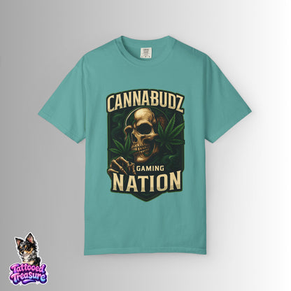 Cannabudz Gaming Nation T-Shirt Front — Skull & Cannabis Gamer Tee