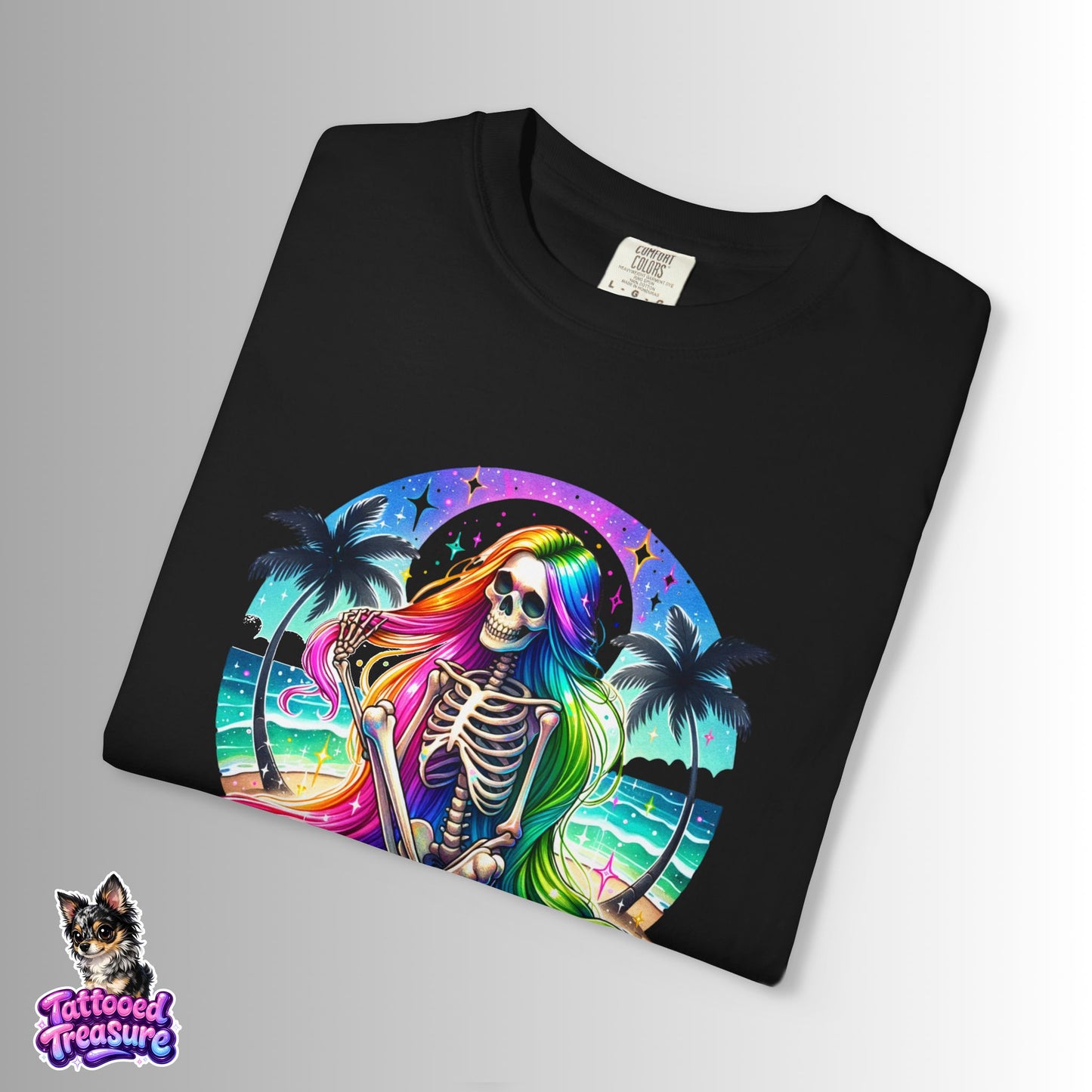 Rainbow Skeleton Beach T-Shirt — Neon Day of the Dead Surf Tee