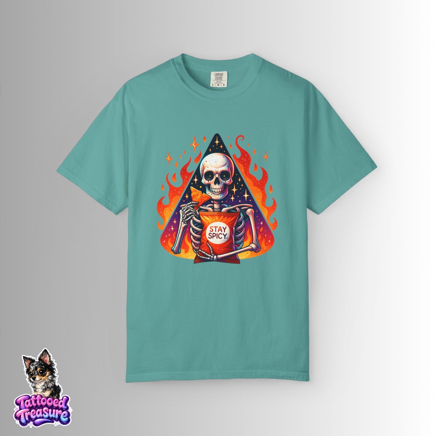 Stay Spicy Skull T-Shirt — Skeleton Holding Hot Sauce Graphic Tee