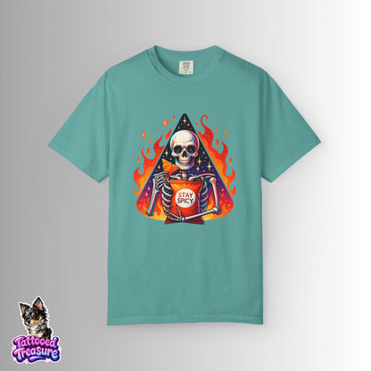 Stay Spicy Skull T-Shirt — Skeleton Holding Hot Sauce Graphic Tee