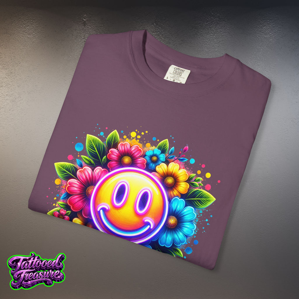 Smiley Flower T-Shirt — Colorful Neon Floral Smile Graphic Tee