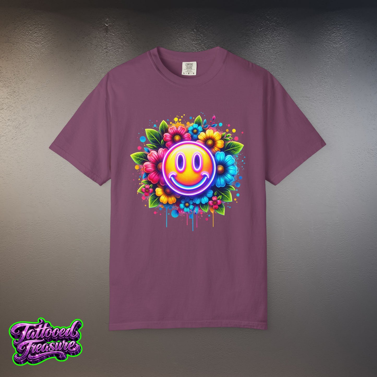 Smiley Flower T-Shirt — Colorful Neon Floral Smile Graphic Tee