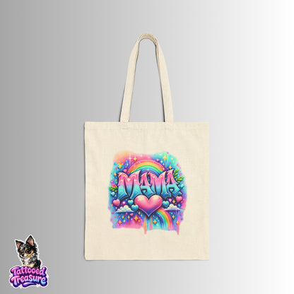 Mama Rainbow Heart Tote — Colorful Mama Canvas Tote Bag for Mother’s Day