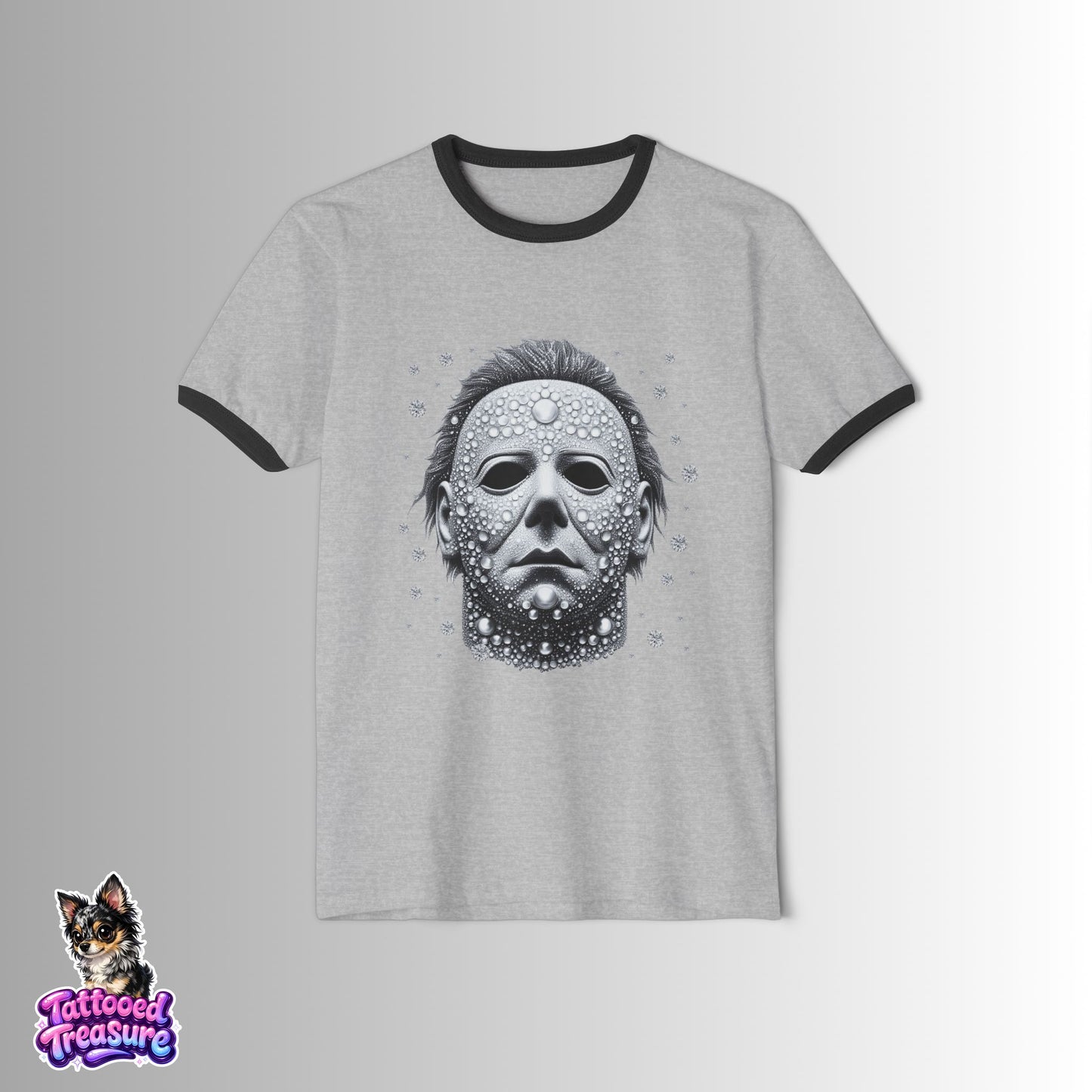 Halloween Horror Mask Ringer T-Shirt — Michael-Style Skull Mask Graphic