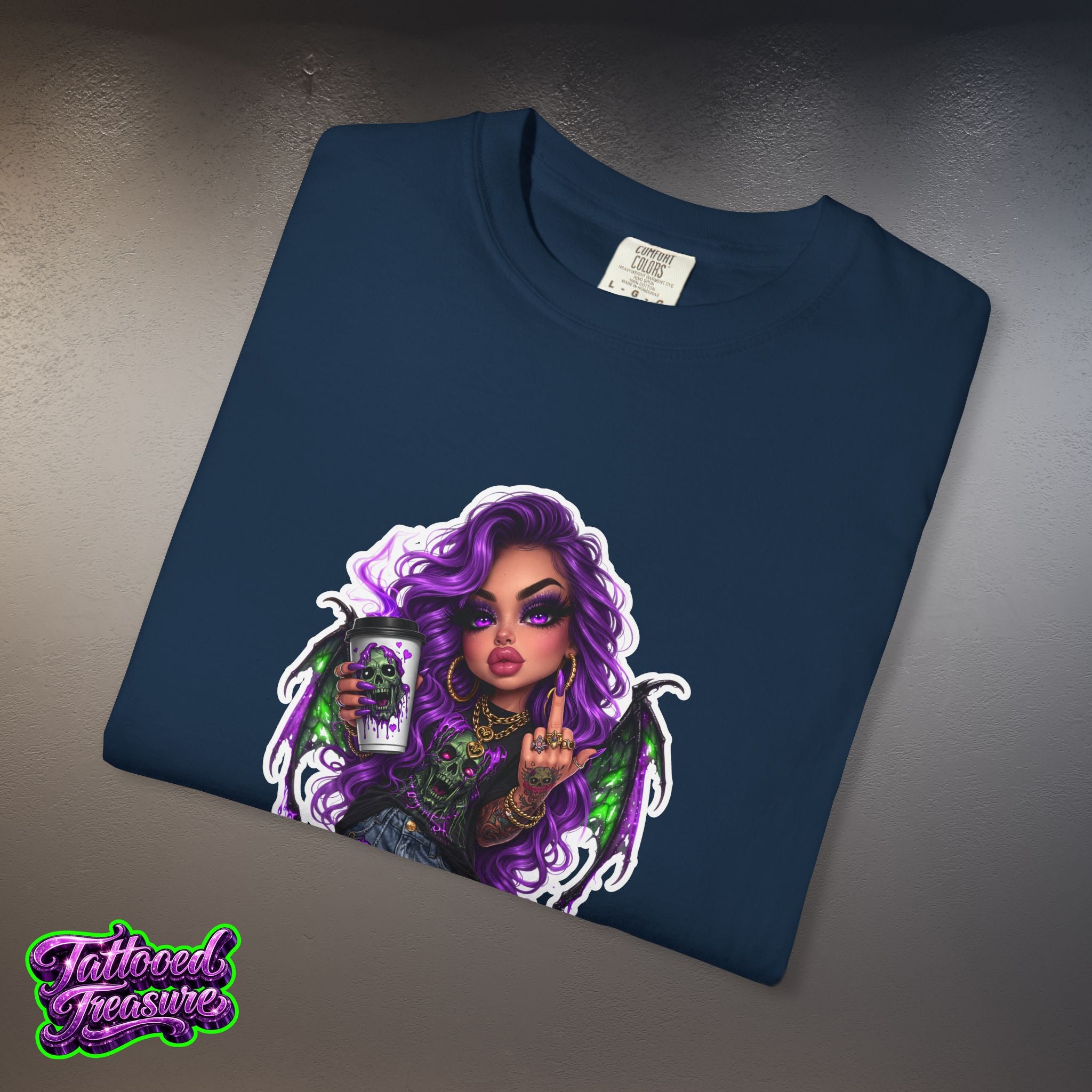 Demon Girl Streetwear T-Shirt — Purple Winged Tattooed Character Graphic