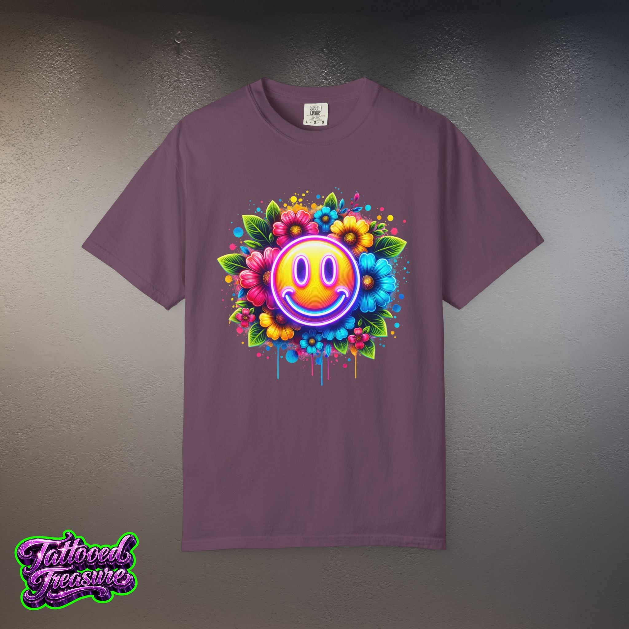 Smiley Flower T-Shirt — Colorful Neon Floral Smile Graphic Tee
