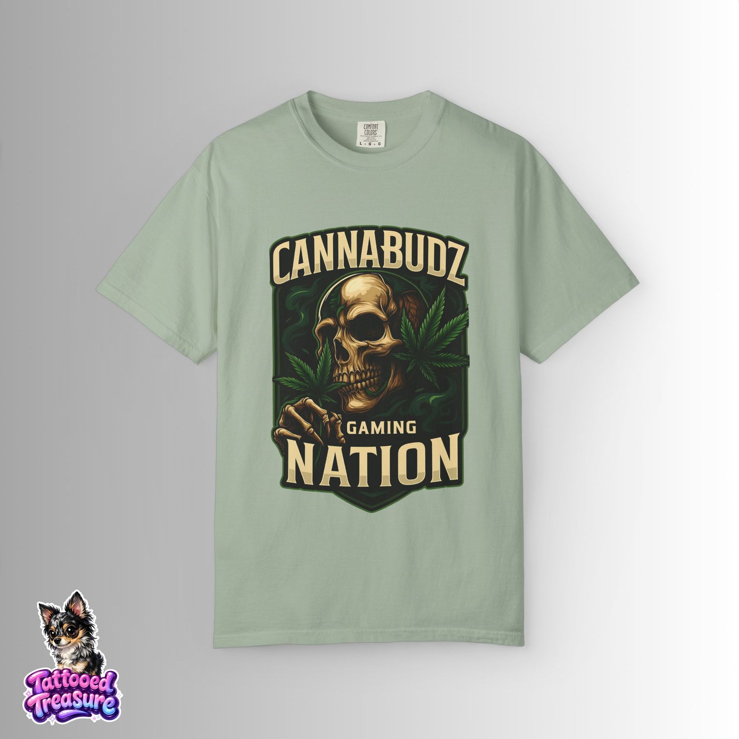 Cannabudz Gaming Nation T-Shirt Front — Skull & Cannabis Gamer Tee