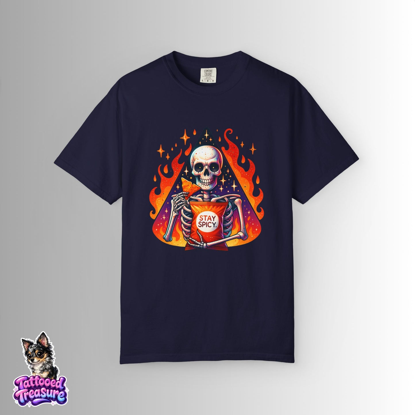 Stay Spicy Skull T-Shirt — Skeleton Holding Hot Sauce Graphic Tee