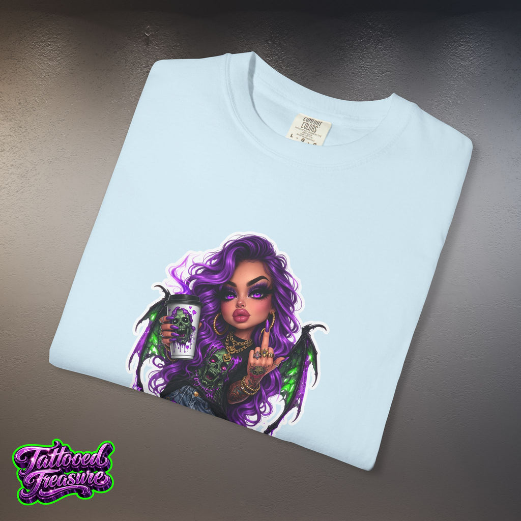 Demon Girl Streetwear T-Shirt — Purple Winged Tattooed Character Graphic