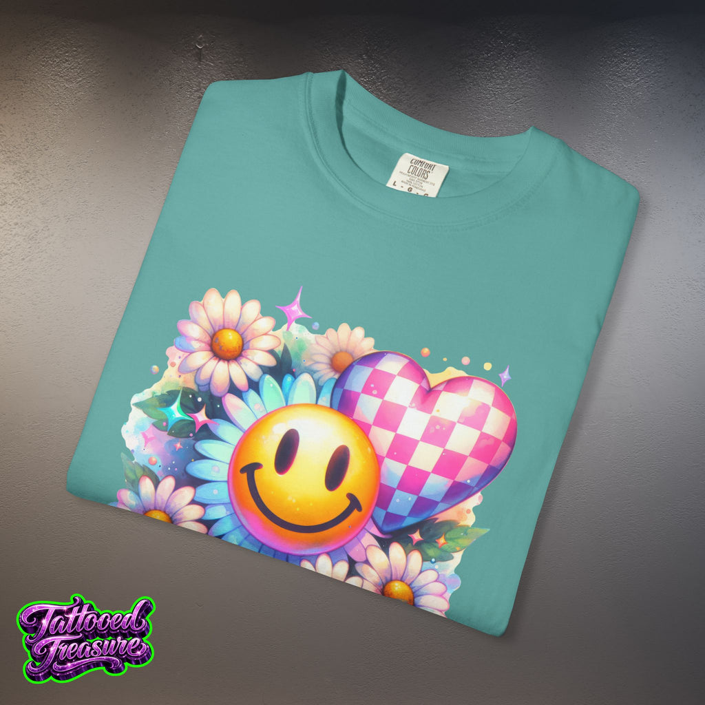 Happy Heart Smiley T-Shirt — Floral Checkerboard Graphic Tee