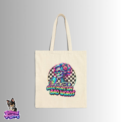 Tote Bag - "Good Moms Say Bad Words" Neon Skull Checkerboard Cotton Canvas Tote