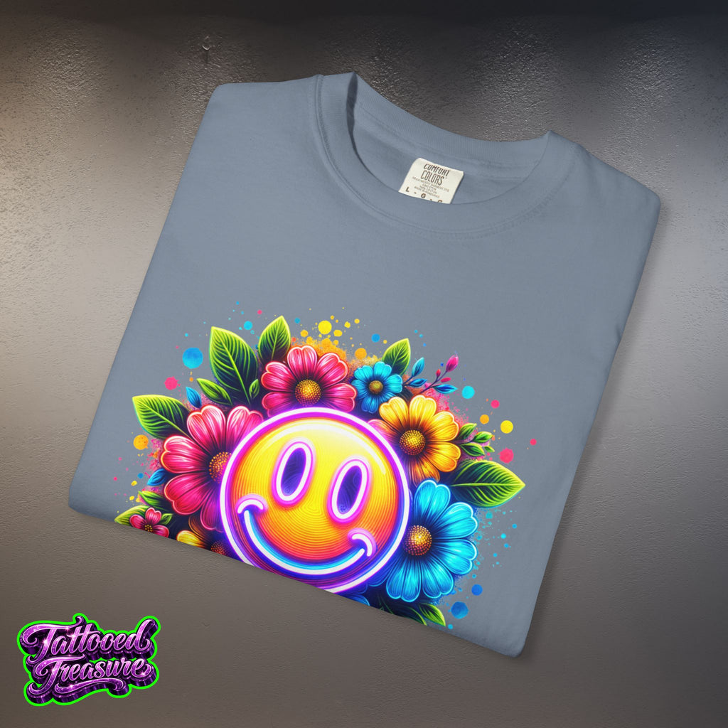 Smiley Flower T-Shirt — Colorful Neon Floral Smile Graphic Tee