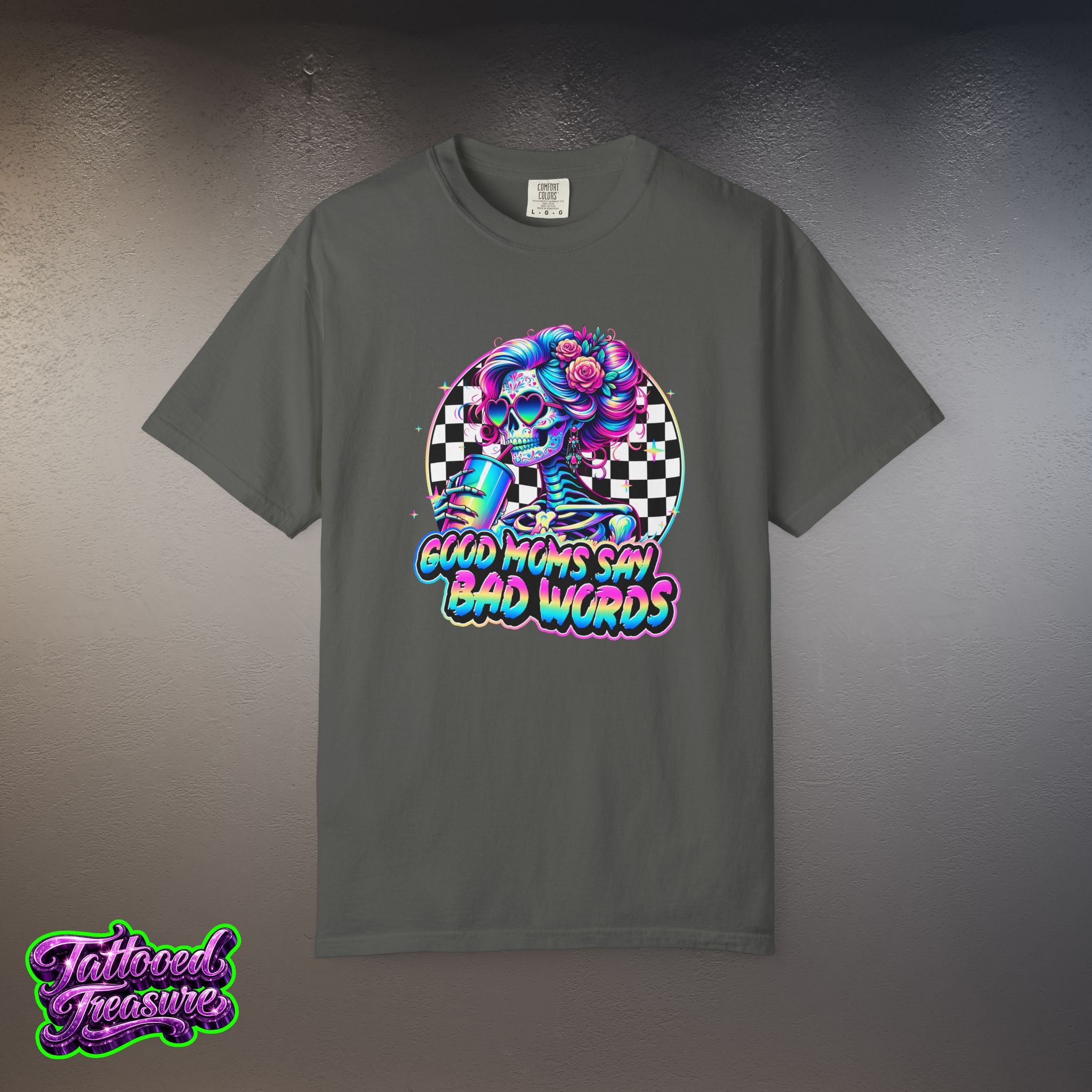Bad Words Skull Tee — “Good Moms Say Bad Words” Retro Checkerboard T-Shirt