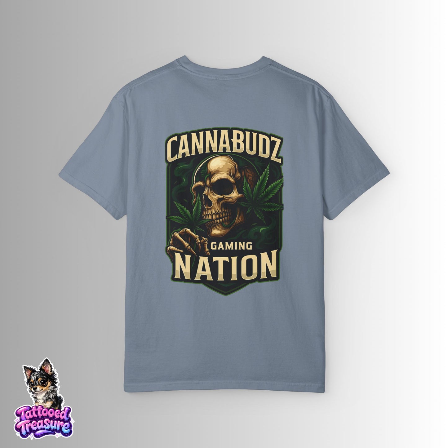 Cannabudz Nation T-Shirt Back— Skull & Cannabis Gaming Tee