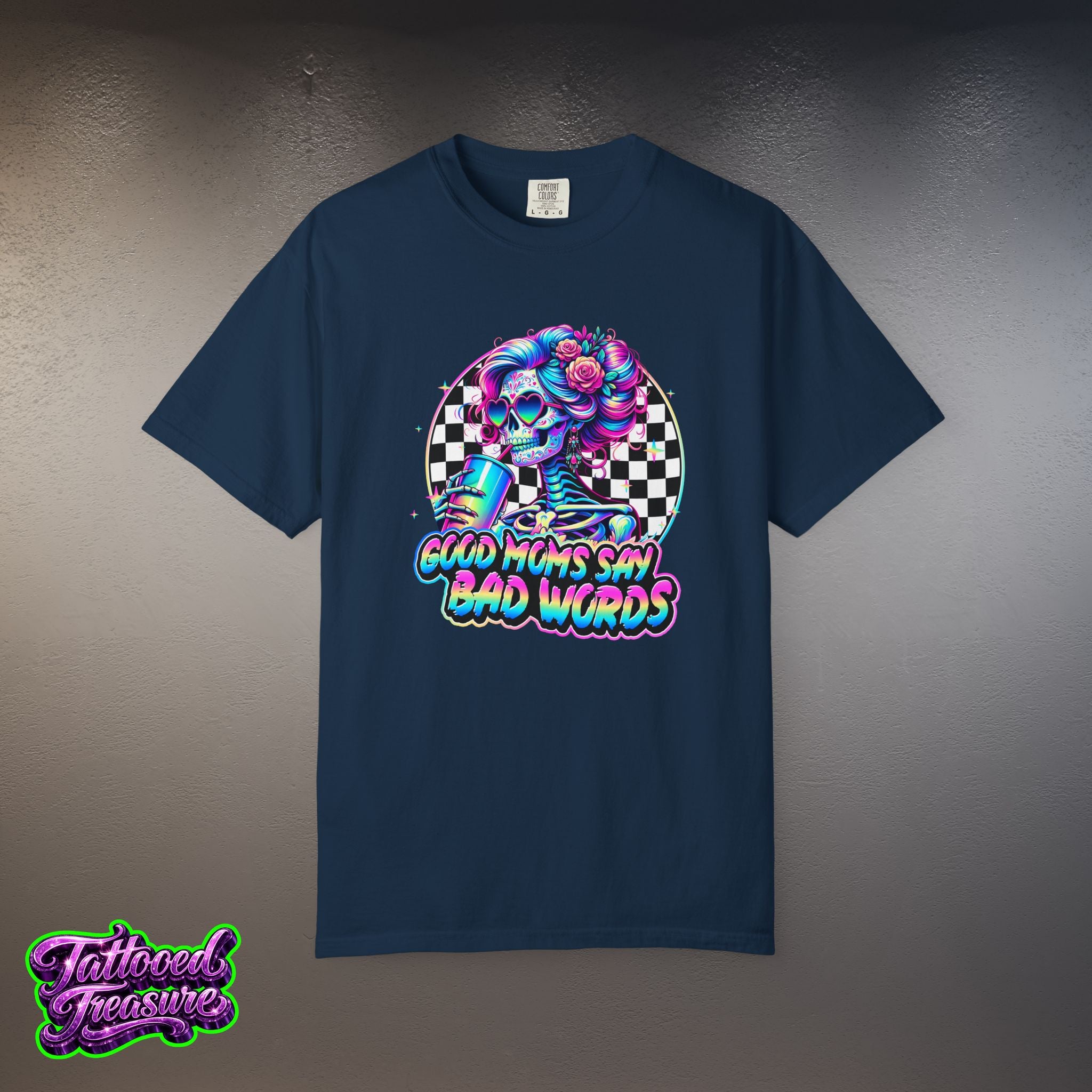 Bad Words Skull Tee — “Good Moms Say Bad Words” Retro Checkerboard T-Shirt