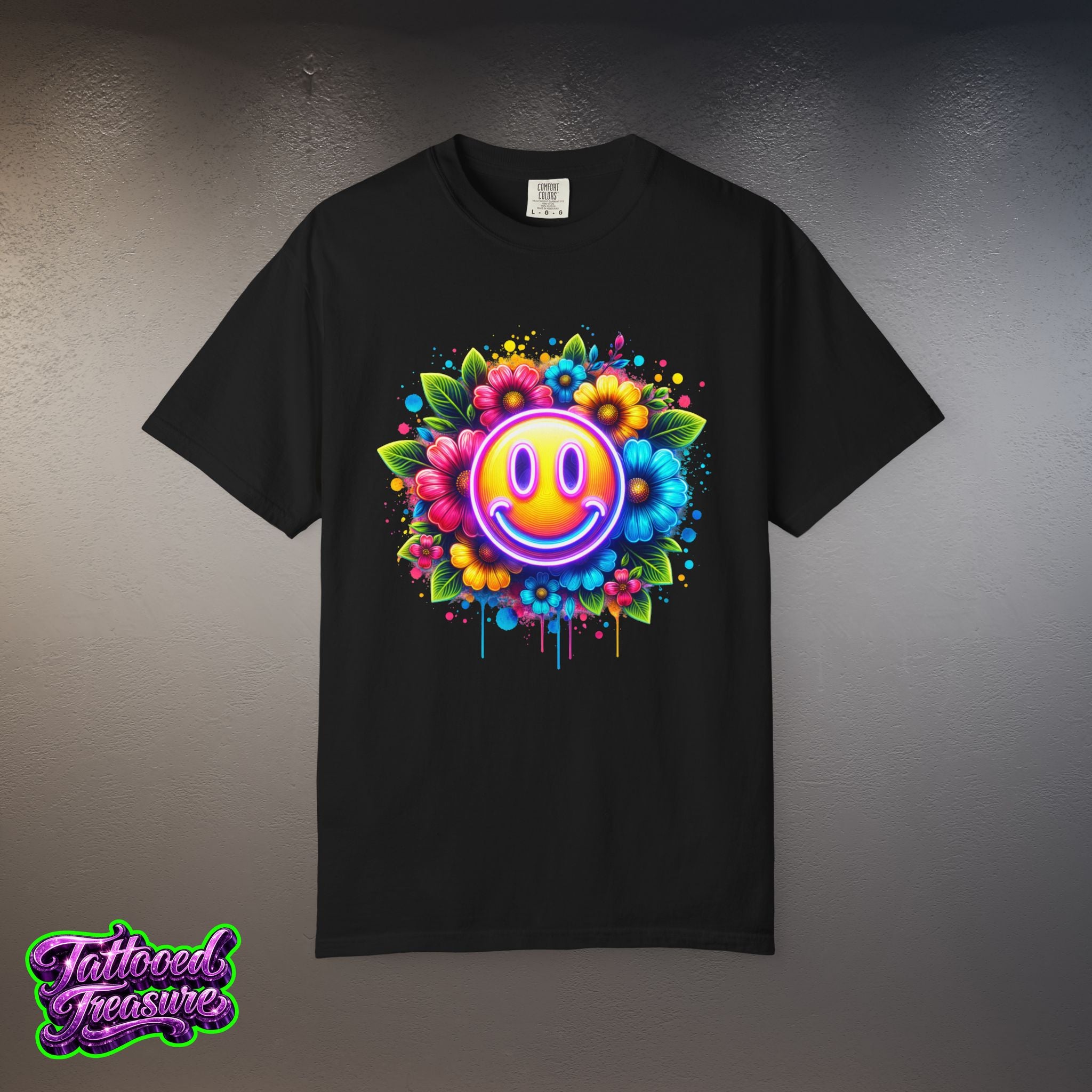 Smiley Flower T-Shirt — Colorful Neon Floral Smile Graphic Tee