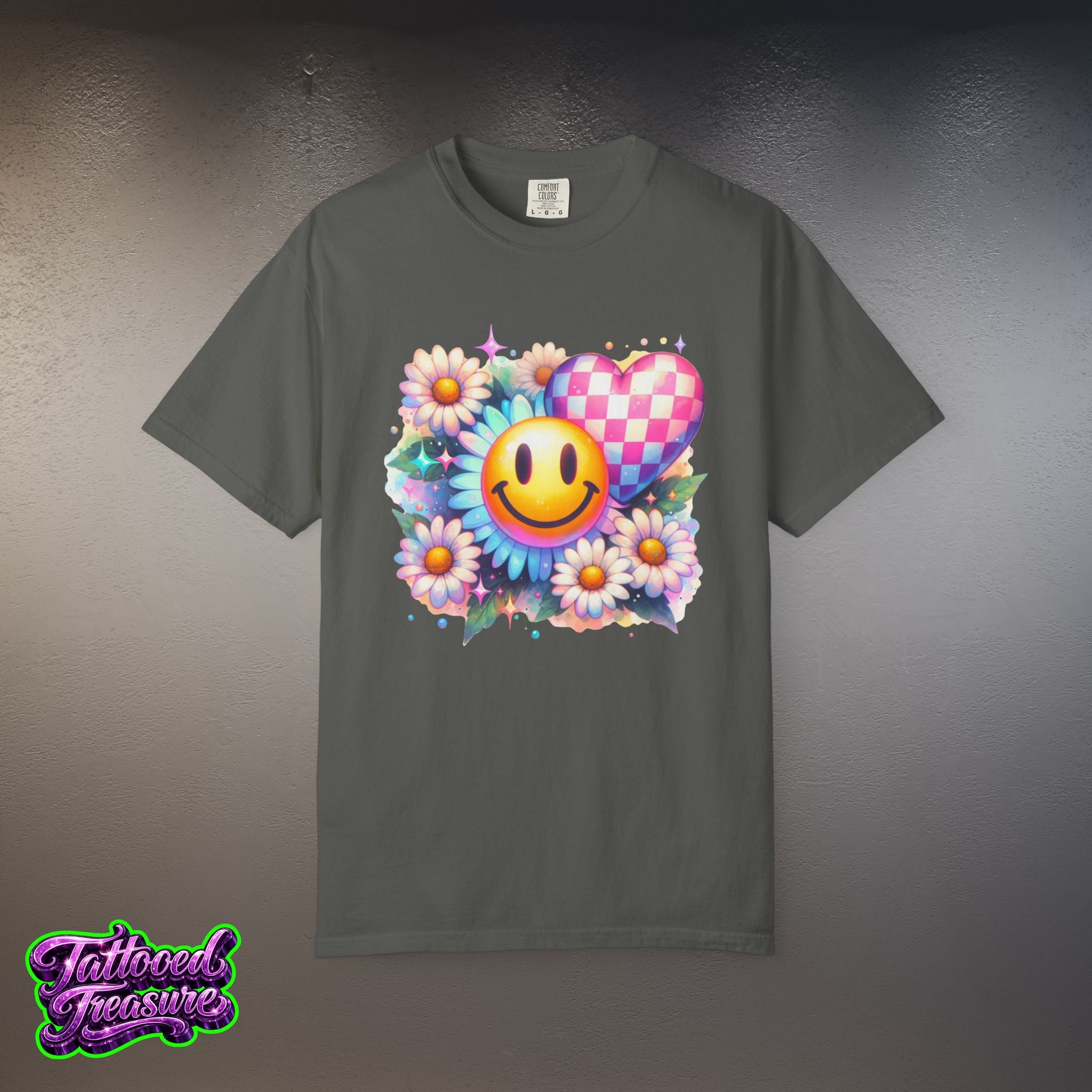 Happy Heart Smiley T-Shirt — Floral Checkerboard Graphic Tee