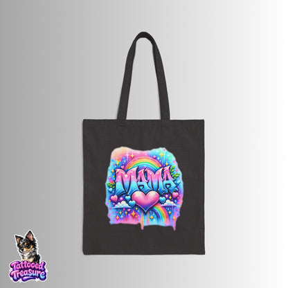 Mama Rainbow Heart Tote — Colorful Mama Canvas Tote Bag for Mother’s Day