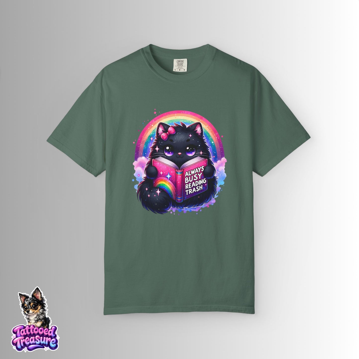 Cat Reading T-Shirt — "Always Busy Reading Trash" Cute Black Cat Rainbow Tee