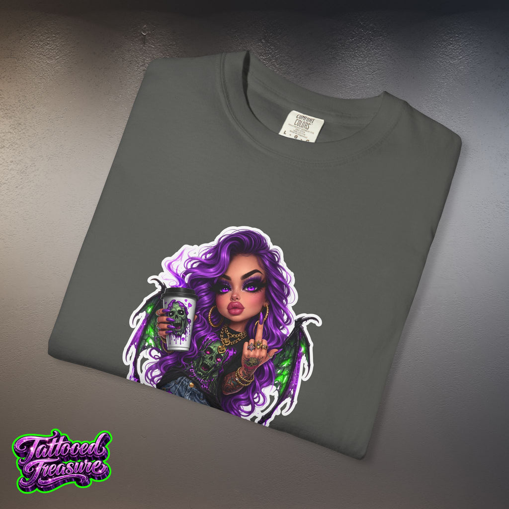 Demon Girl Streetwear T-Shirt — Purple Winged Tattooed Character Graphic