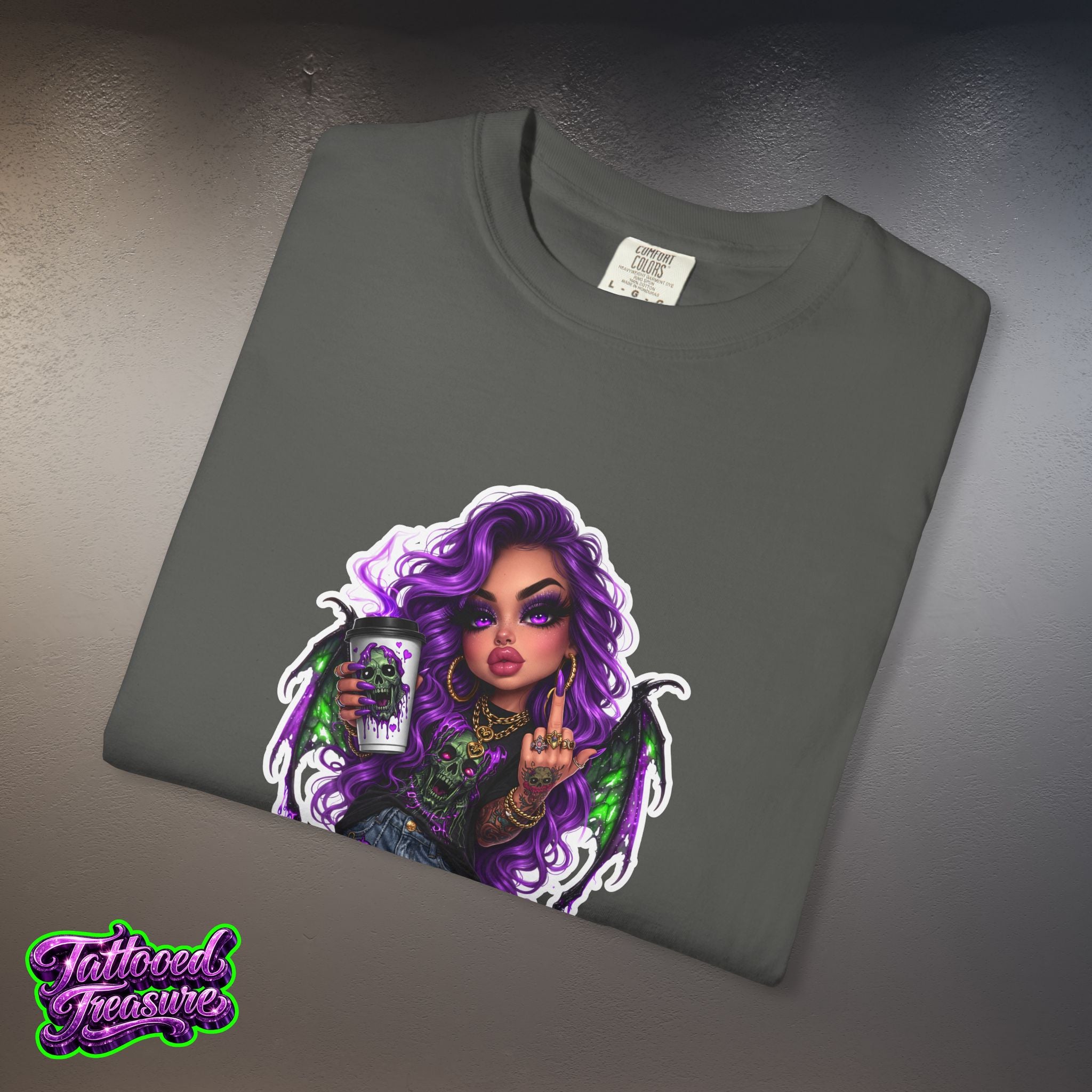 Demon Girl Streetwear T-Shirt — Purple Winged Tattooed Character Graphic