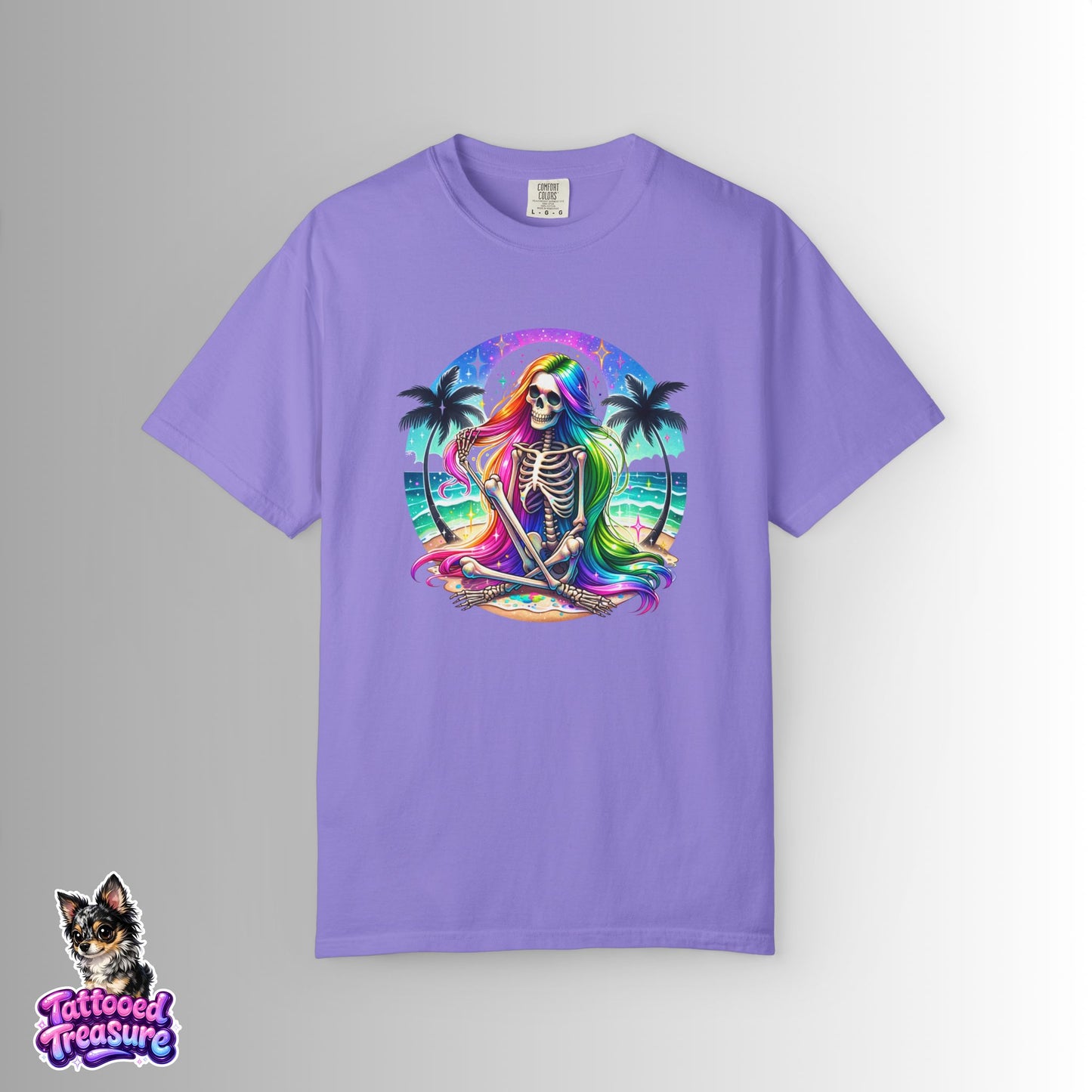 Rainbow Skeleton Beach T-Shirt — Neon Day of the Dead Surf Tee