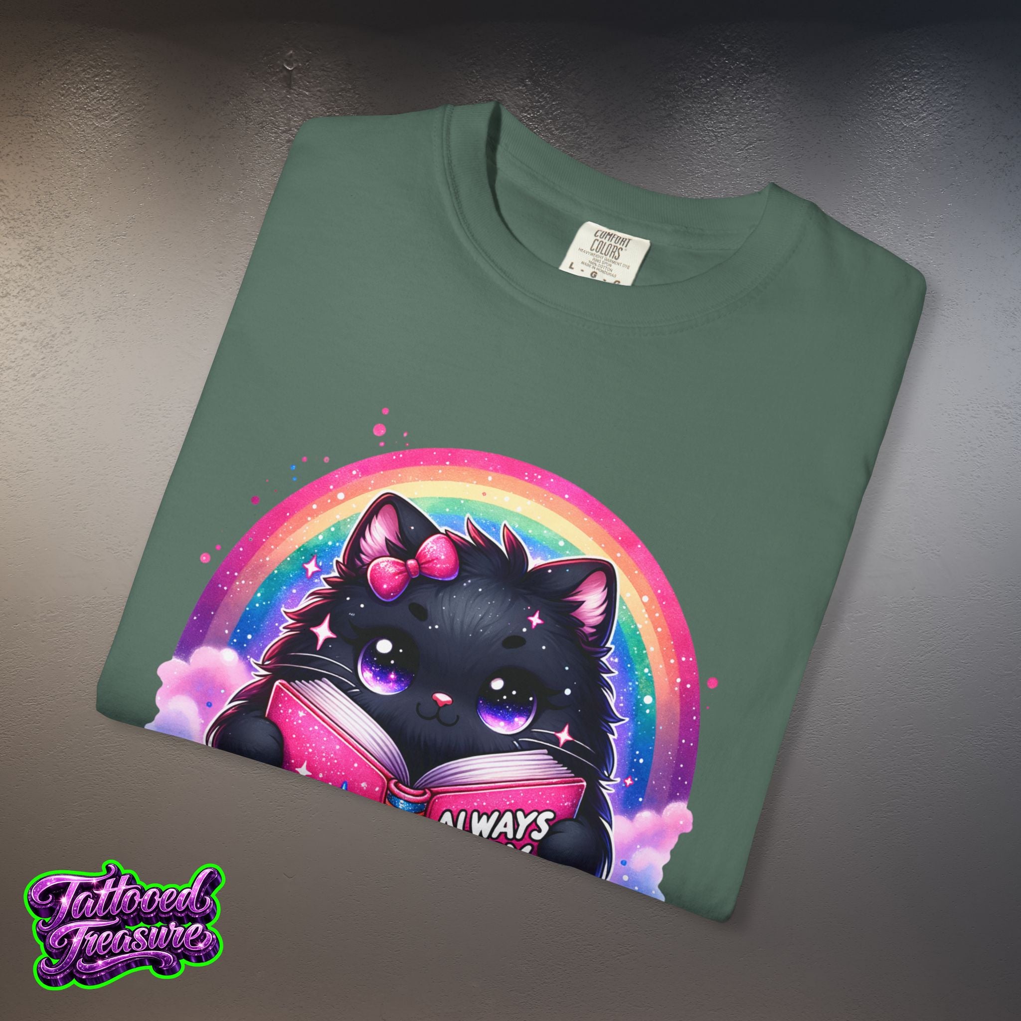 Cat Reading T-Shirt — "Always Busy Reading Trash" Cute Black Cat Rainbow Tee