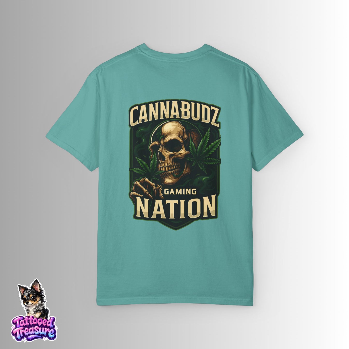 Cannabudz Nation T-Shirt Back— Skull & Cannabis Gaming Tee