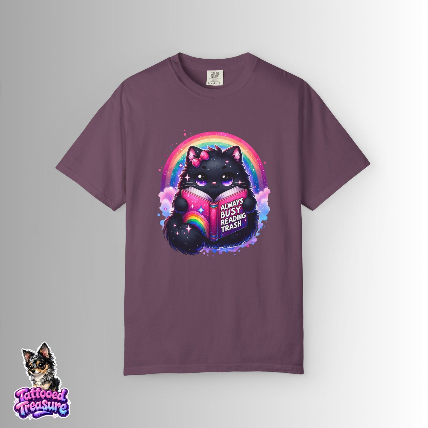 Cat Reading T-Shirt — "Always Busy Reading Trash" Cute Black Cat Rainbow Tee