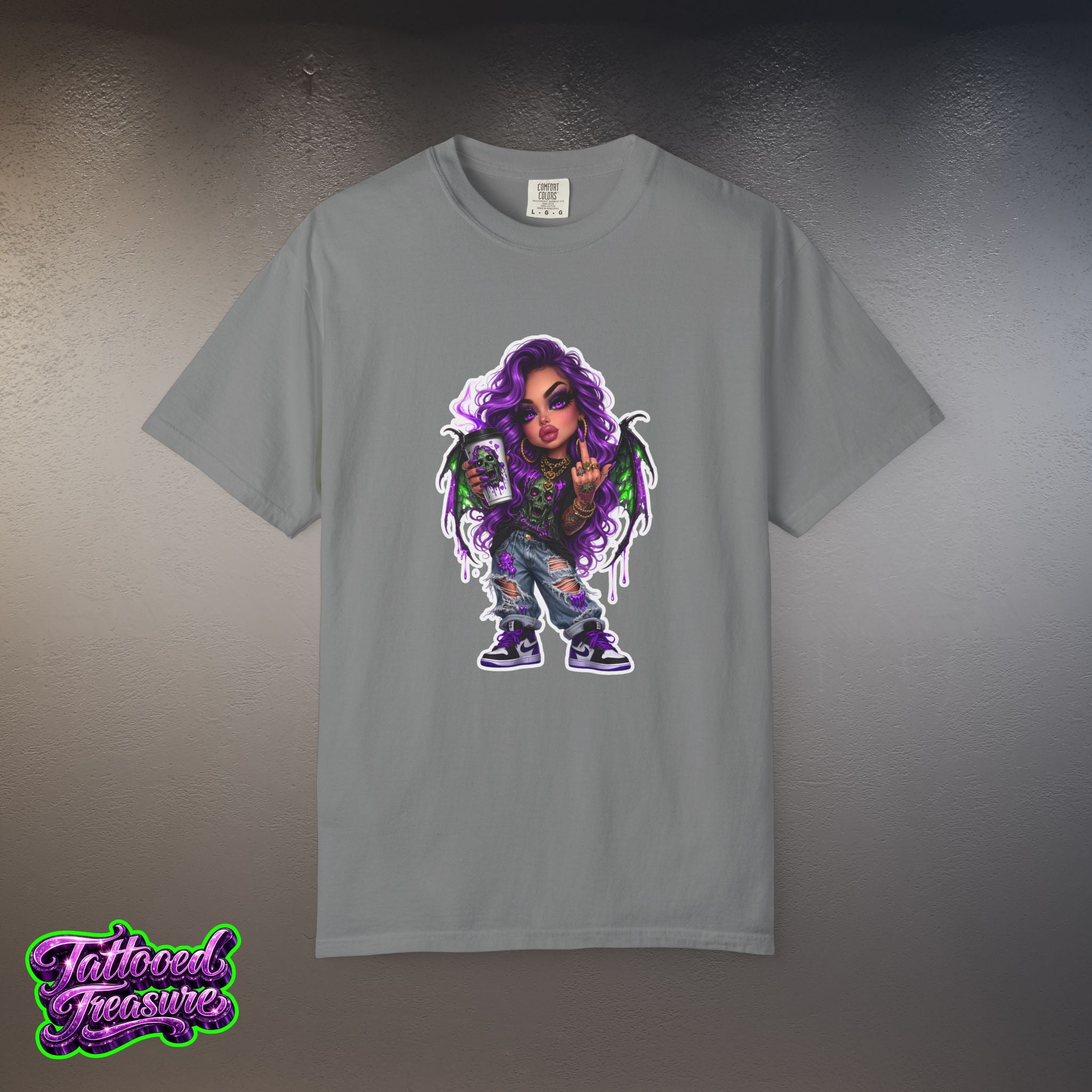 Demon Girl Streetwear T-Shirt — Purple Winged Tattooed Character Graphic