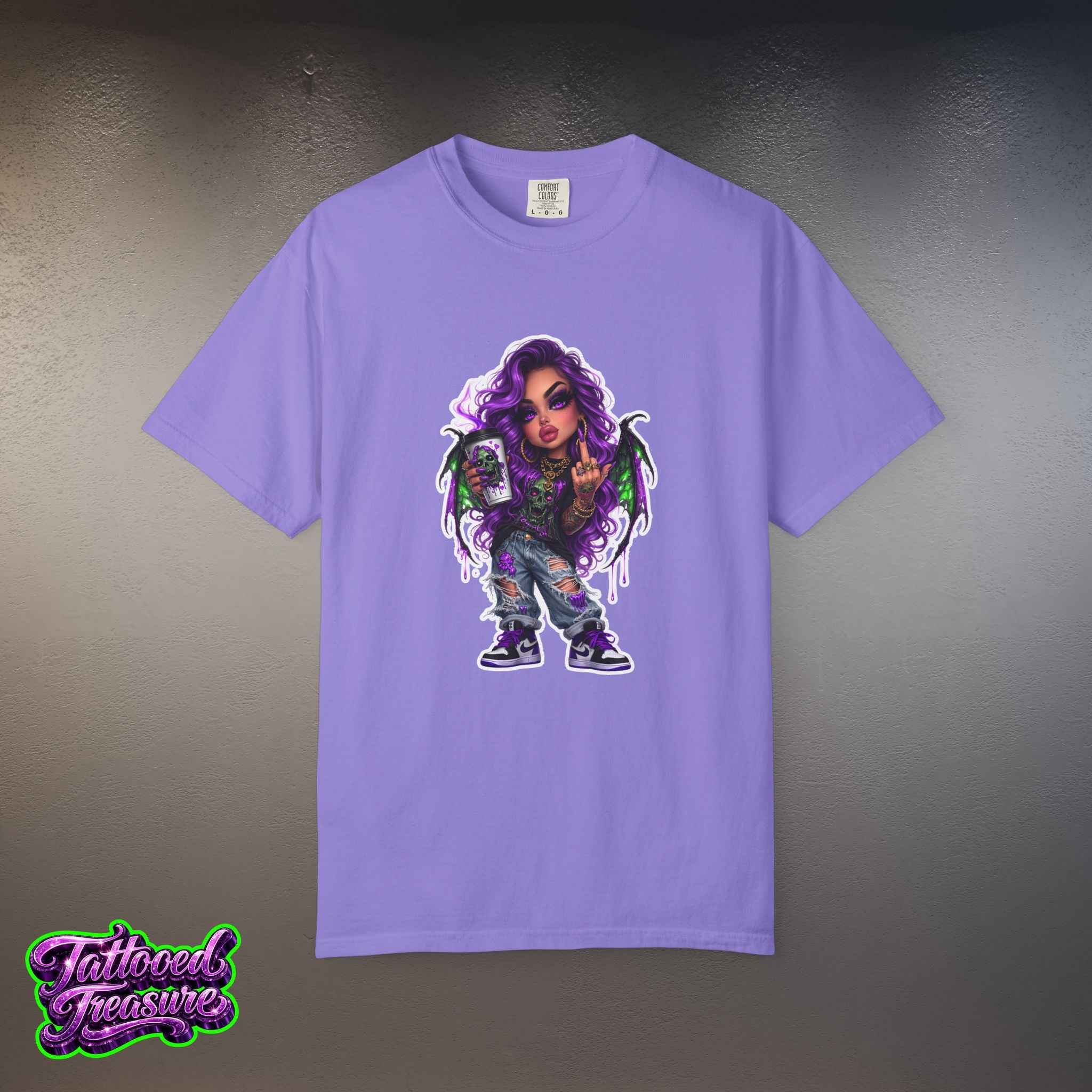 Demon Girl Streetwear T-Shirt — Purple Winged Tattooed Character Graphic