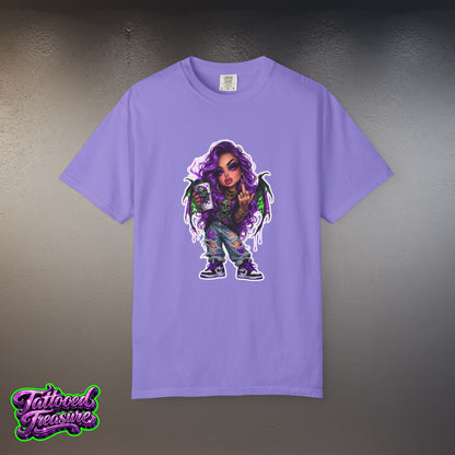 Demon Girl Streetwear T-Shirt — Purple Winged Tattooed Character Graphic
