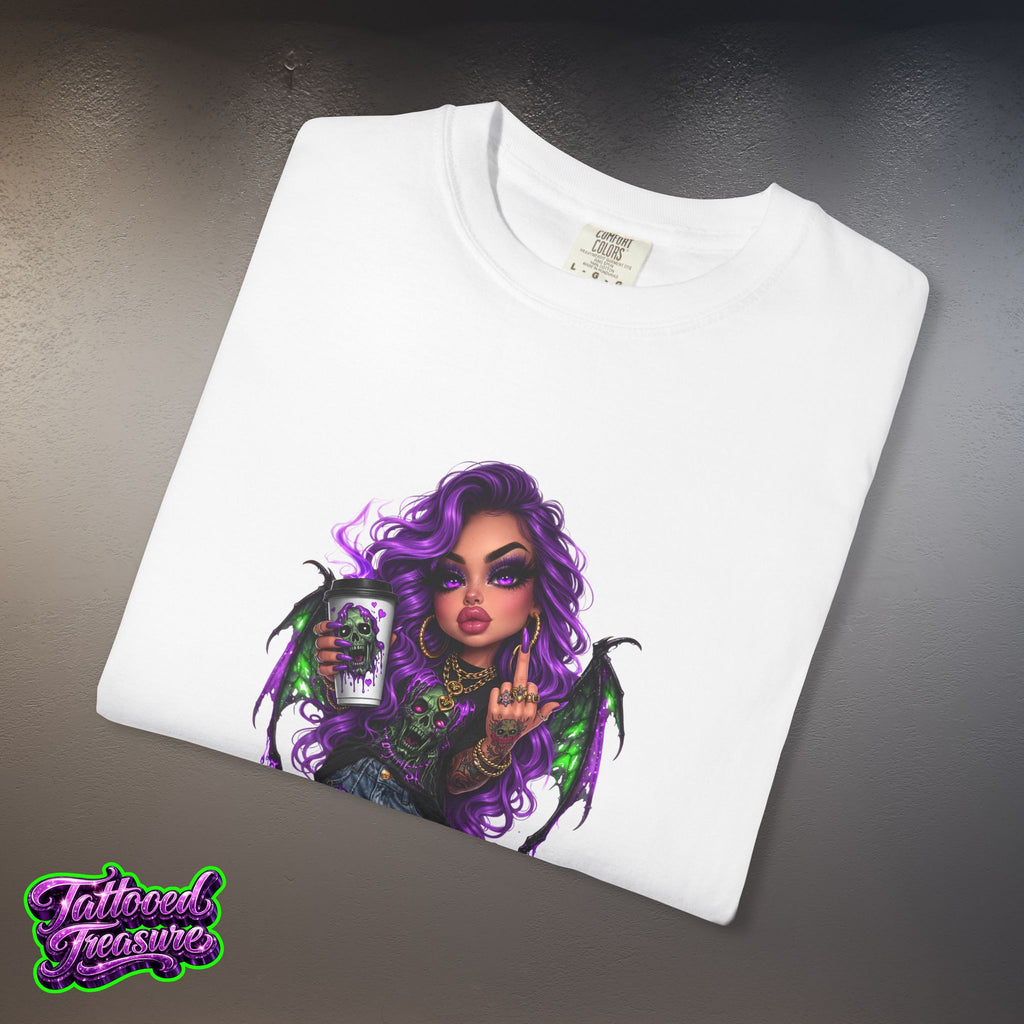 Demon Girl Streetwear T-Shirt — Purple Winged Tattooed Character Graphic