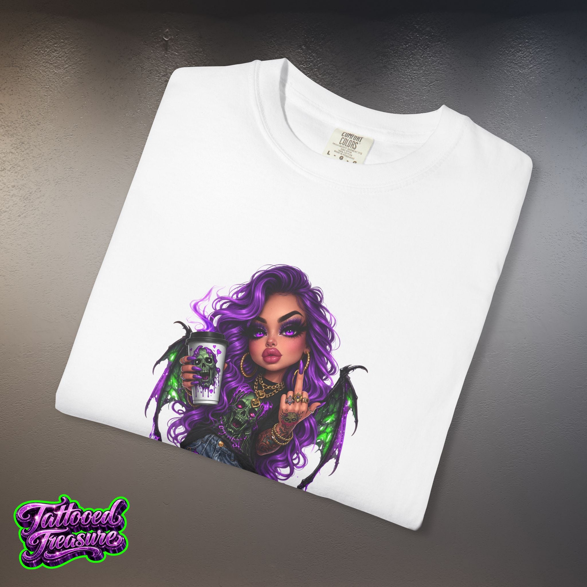 Demon Girl Streetwear T-Shirt — Purple Winged Tattooed Character Graphic