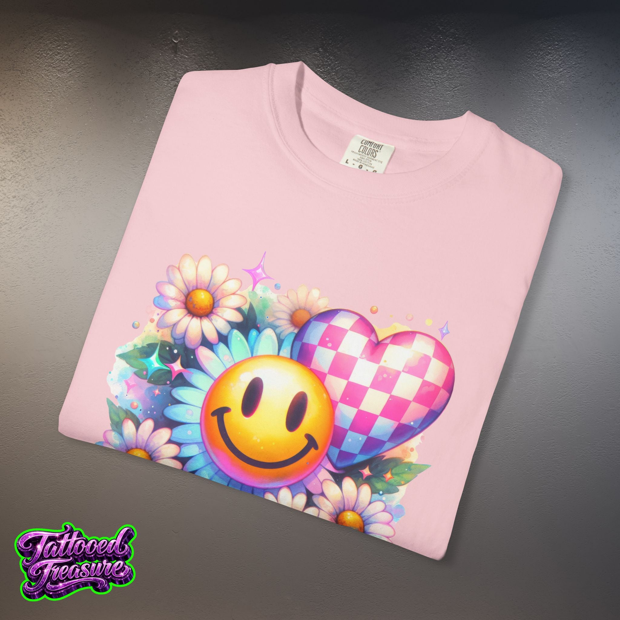 Happy Heart Smiley T-Shirt — Floral Checkerboard Graphic Tee