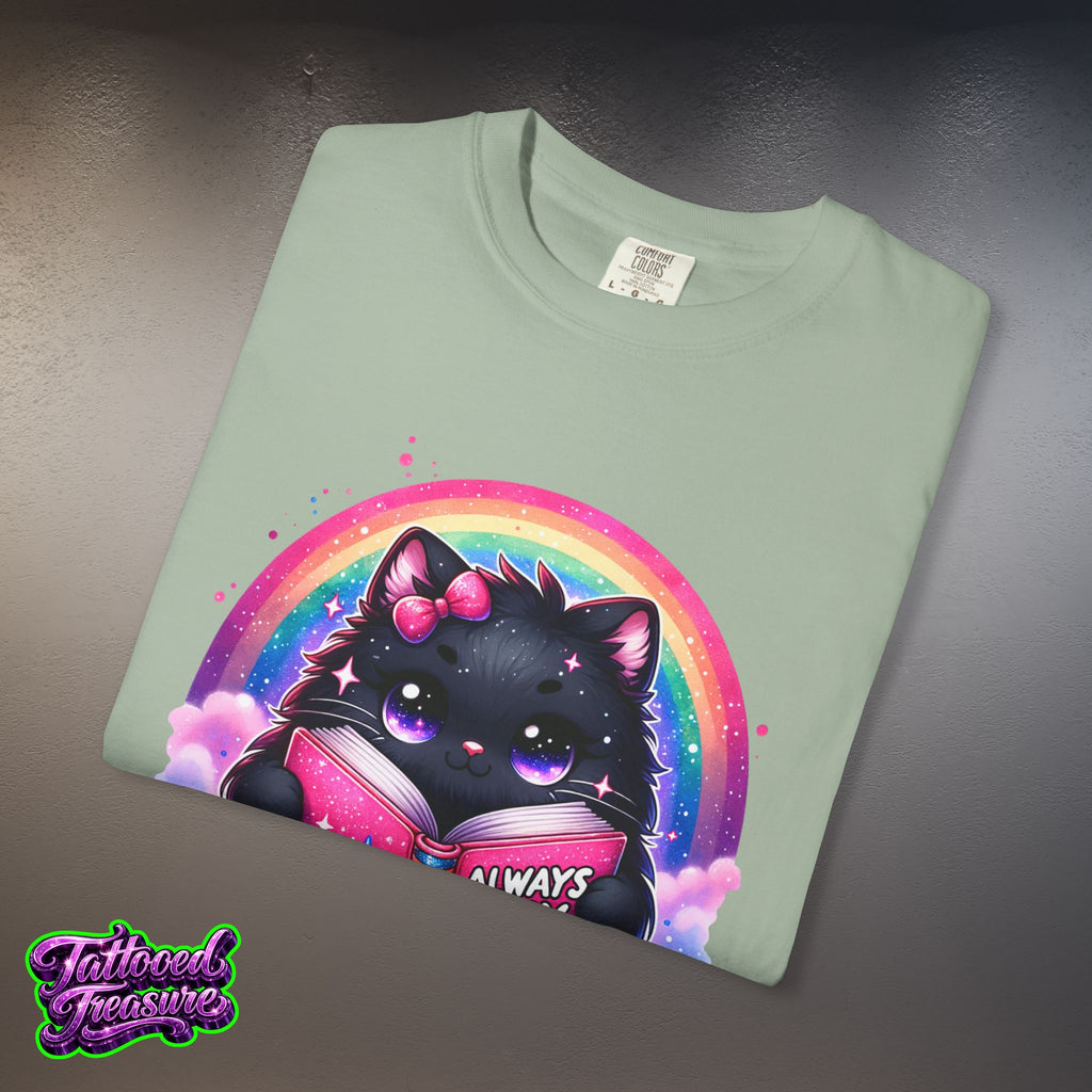 Cat Reading T-Shirt — "Always Busy Reading Trash" Cute Black Cat Rainbow Tee